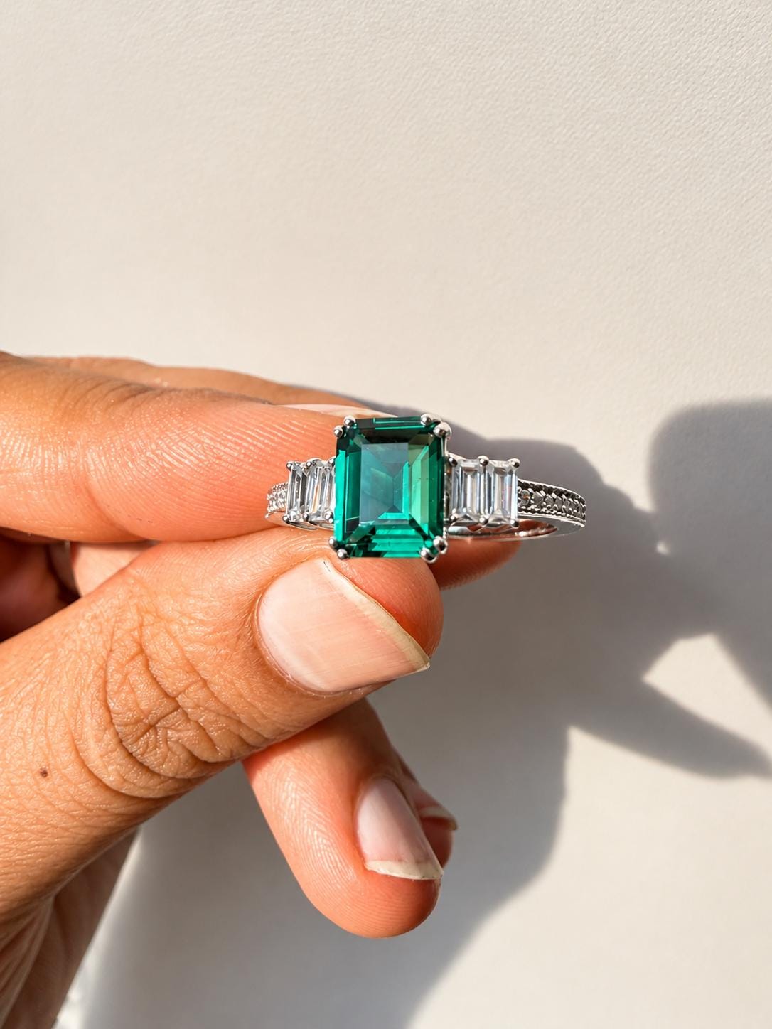 3 CT Emerald Engagement Ring | 14K White Gold Unique Statement Ring, Christmas Gift