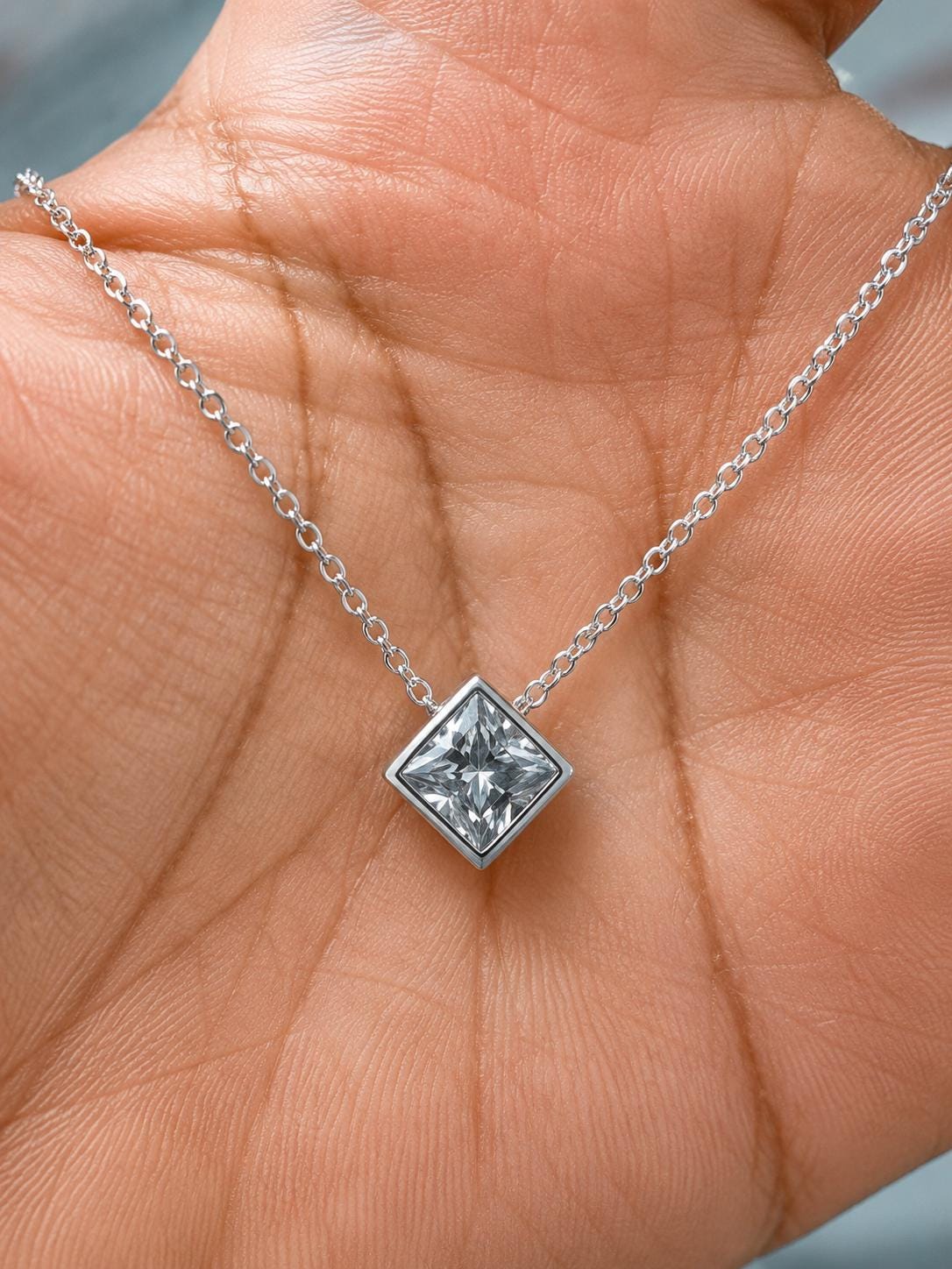 Princess Cut Moissanite Kite Pendant Necklace | 925 Sterling Silver Solitaire Bezel Set