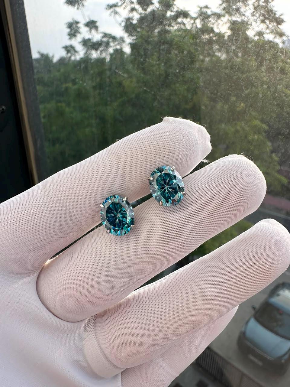 Ice Blue Alexandrite Moissanite Oval Stud Earrings | 14K White Gold, Gift for her