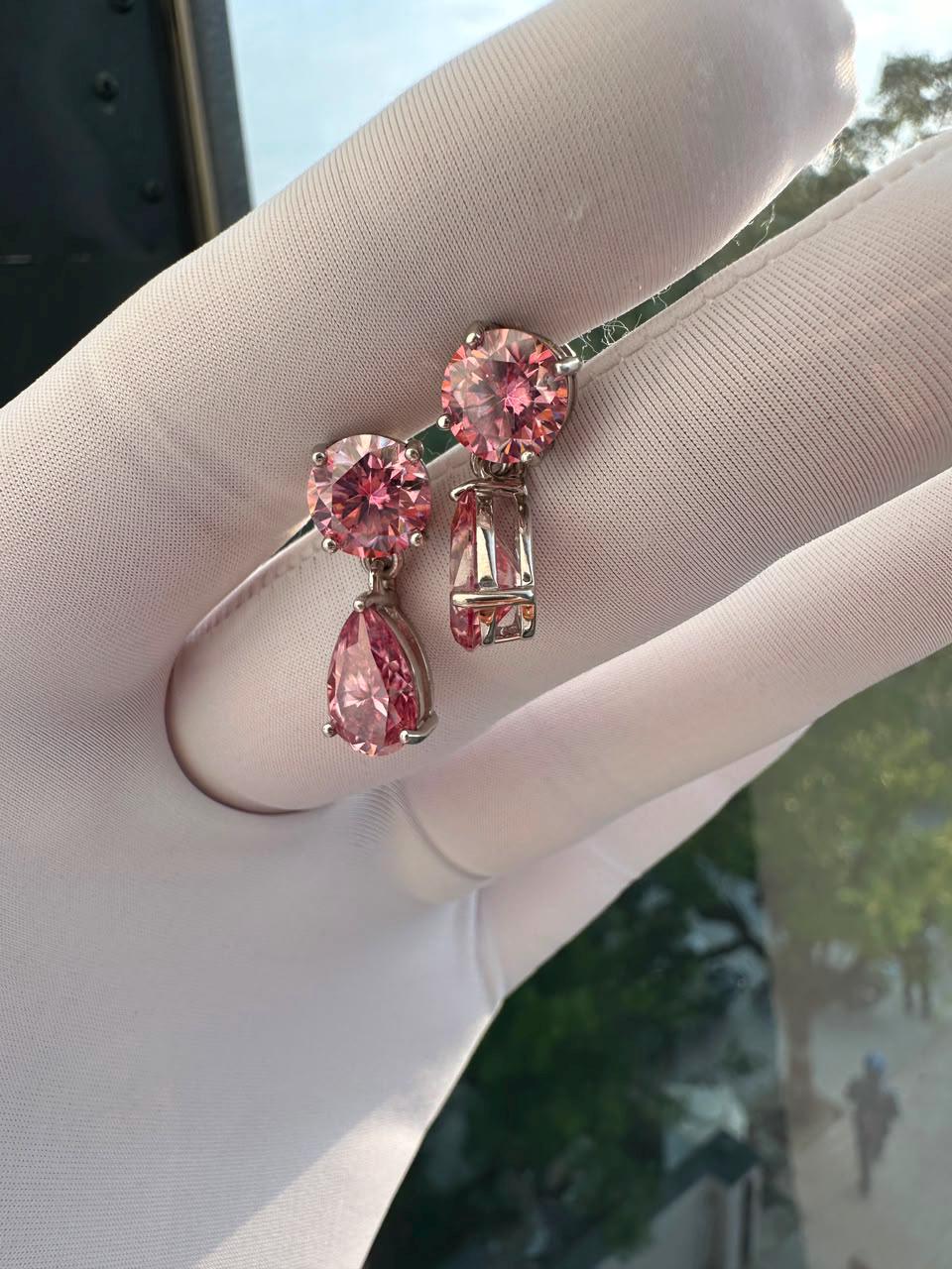 Pink Moissanite Drop Earrings | 14K White Gold Studs | Christmas Gift for Her