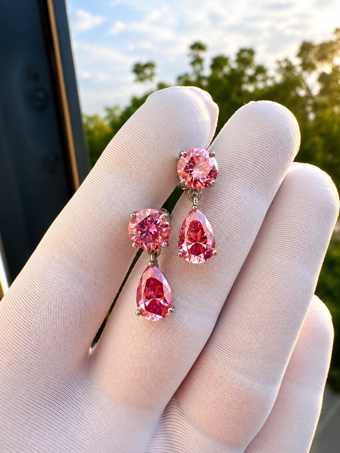 Pink Moissanite Drop Earrings | 14K White Gold Studs | Christmas Gift for Her
