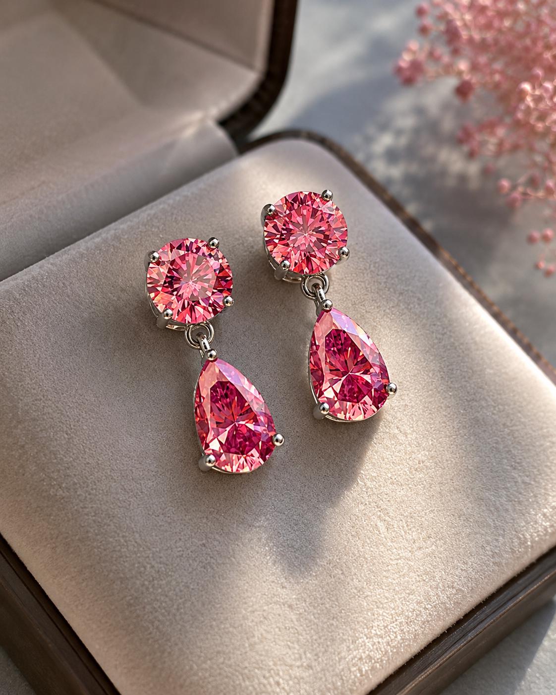 Pink Moissanite Drop Earrings | 14K White Gold Studs | Christmas Gift for Her