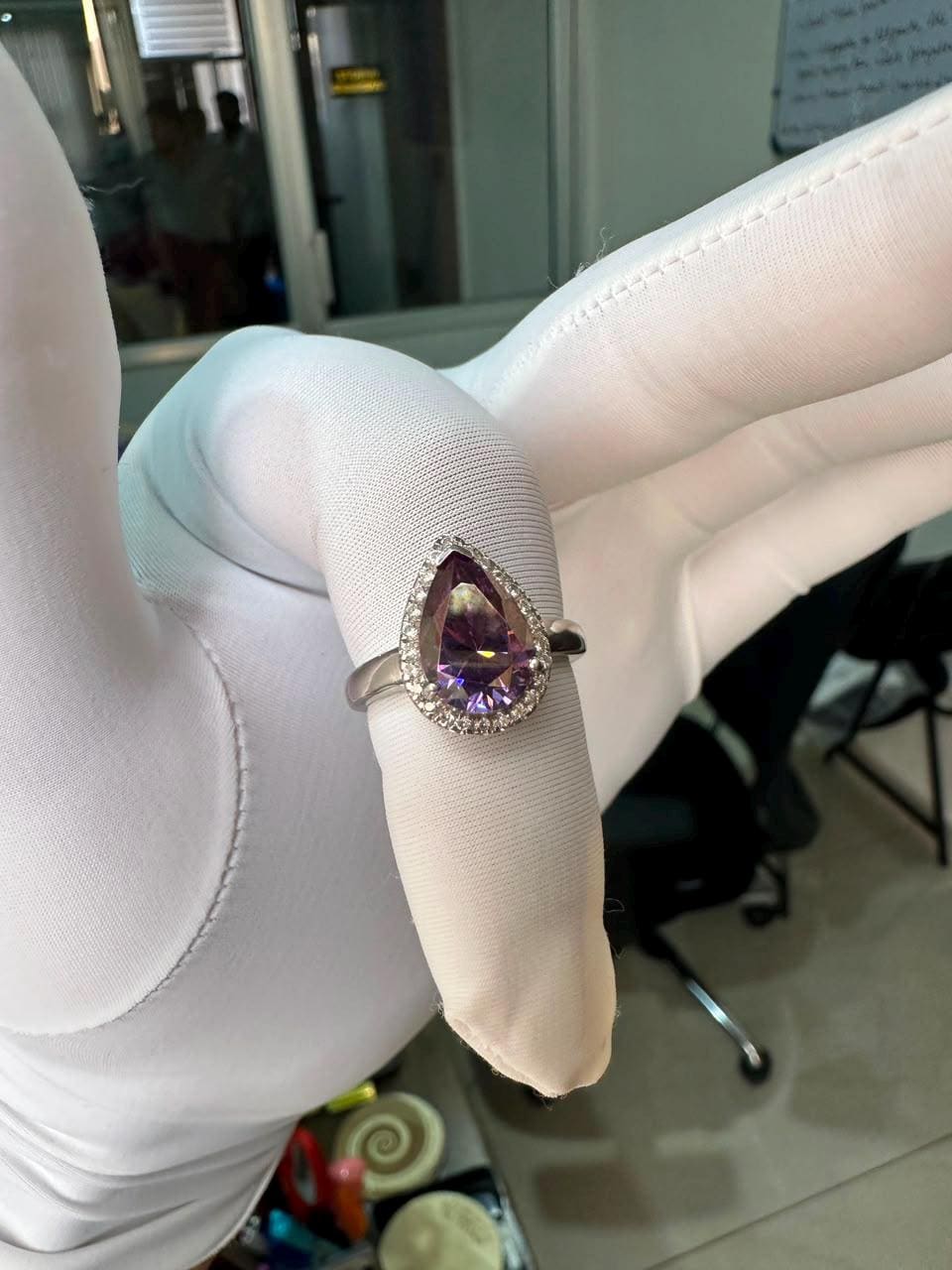 Purple Pear Cut Moissanite Engagement Ring | 14K White Gold Halo Ring | Christmas Gift
