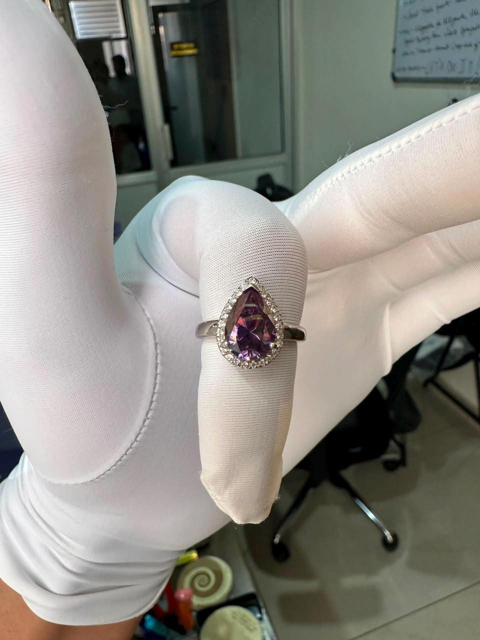 Purple Pear Cut Moissanite Engagement Ring | 14K White Gold Halo Ring | Christmas Gift