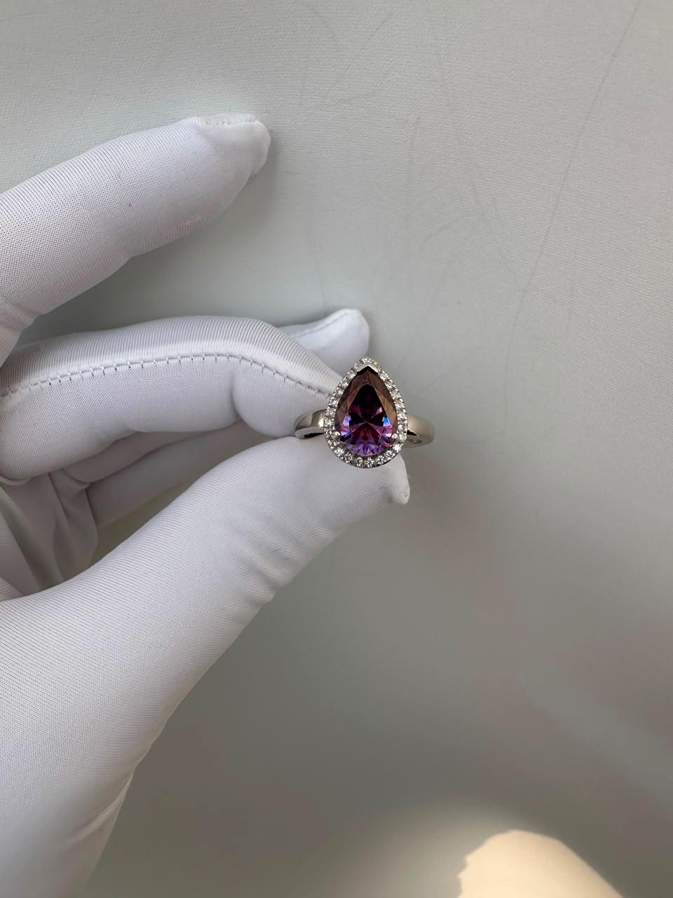 Purple Pear Cut Moissanite Engagement Ring | 14K White Gold Halo Ring | Christmas Gift