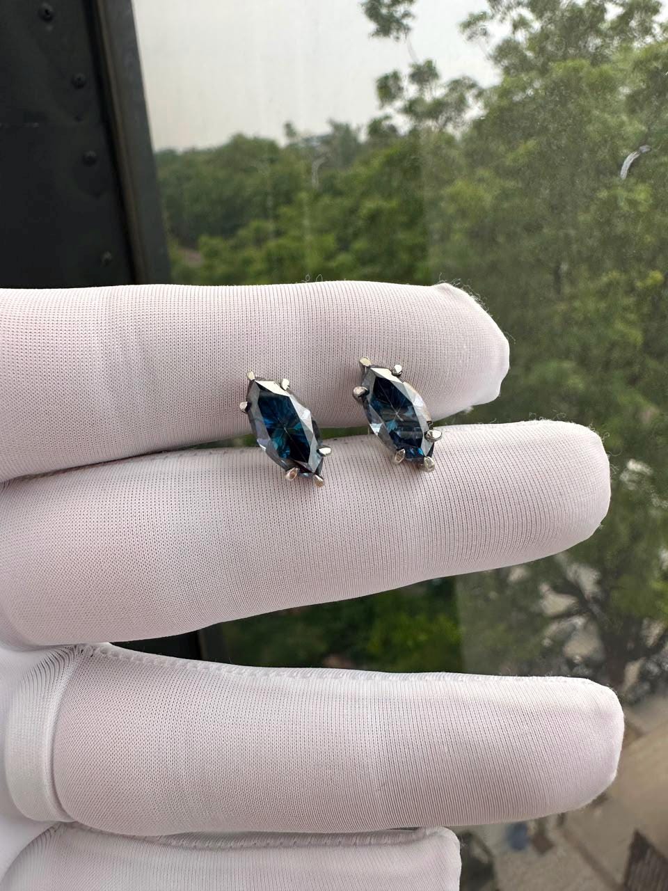 Blue Marquise Moissanite Stud Earrings | 14K White Gold, Statement Jewelry for Gift