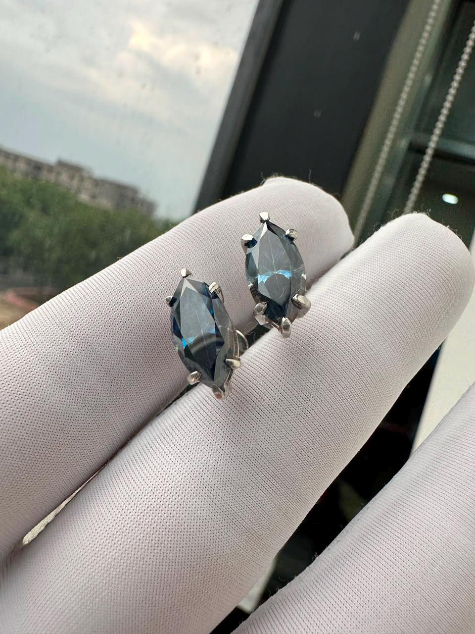 Blue Marquise Moissanite Stud Earrings | 14K White Gold, Statement Jewelry for Gift