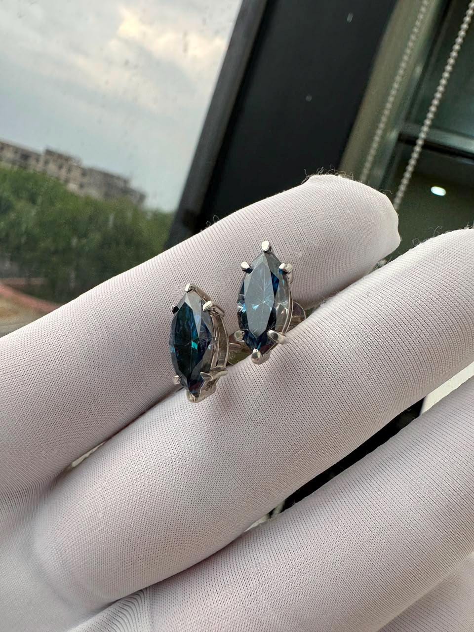 Blue Marquise Moissanite Stud Earrings | 14K White Gold, Statement Jewelry for Gift
