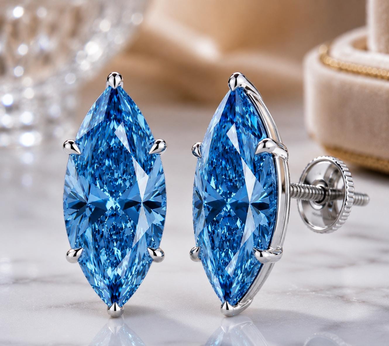 Blue Marquise Moissanite Stud Earrings | 14K White Gold, Statement Jewelry for Gift