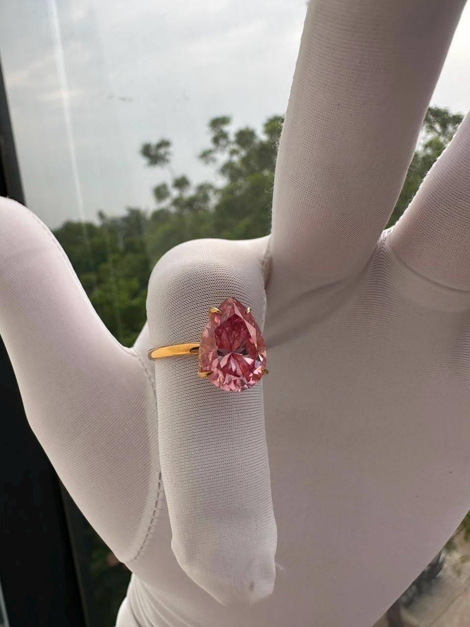 Pink Pear Cut Moissanite Engagement Ring | 14K Yellow Gold Hidden Halo 6 Ct Gemstone