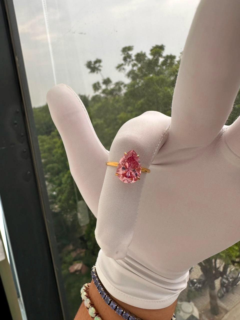 Pink Pear Cut Moissanite Engagement Ring | 14K Yellow Gold Hidden Halo 6 Ct Gemstone