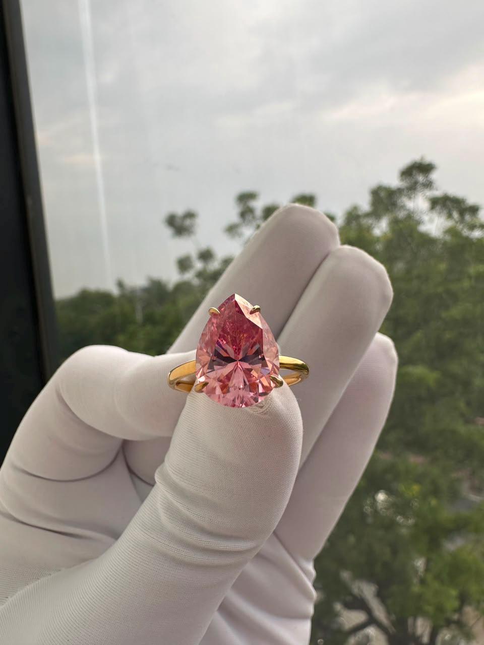Pink Pear Cut Moissanite Engagement Ring | 14K Yellow Gold Hidden Halo 6 Ct Gemstone