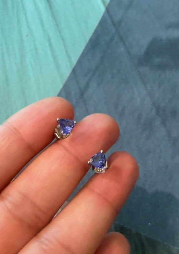 Trillion Cut Tanzanite Stud Earrings | 14K White Gold Dainty Gemstone Earrings | Gift for Him or Her