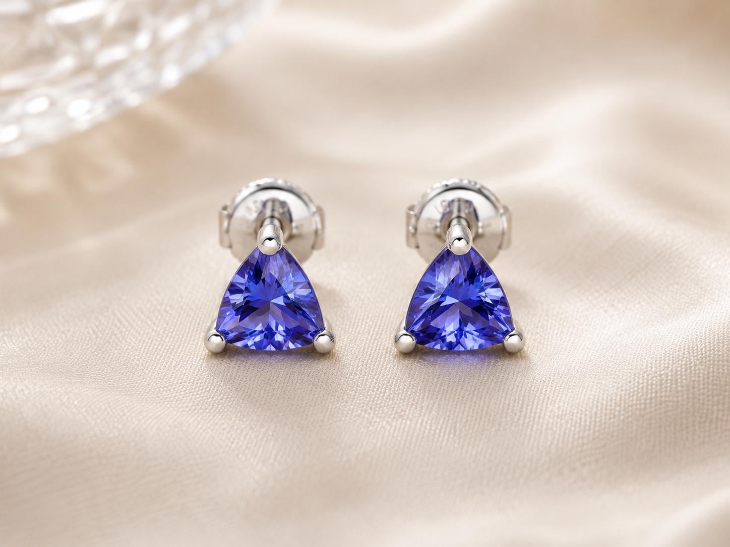 Trillion Cut Tanzanite Stud Earrings | 14K White Gold Dainty Gemstone Earrings | Gift for Him or Her