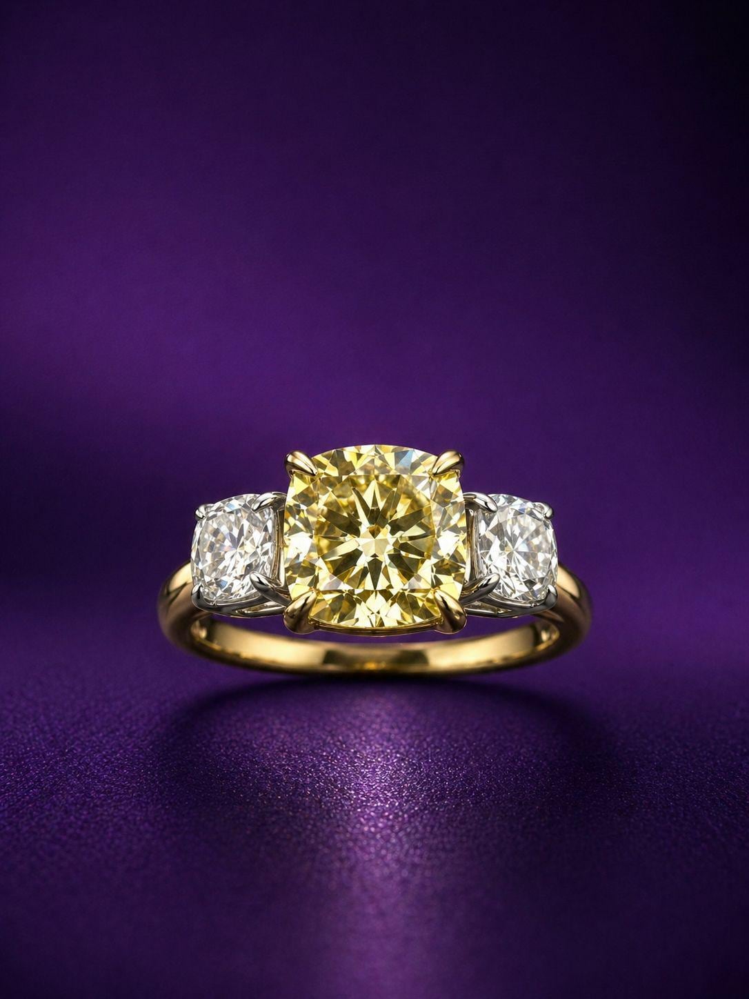 Canary Yellow Cushion Cut Moissanite Sterling Silver Ring | Three Stone Engagement Band