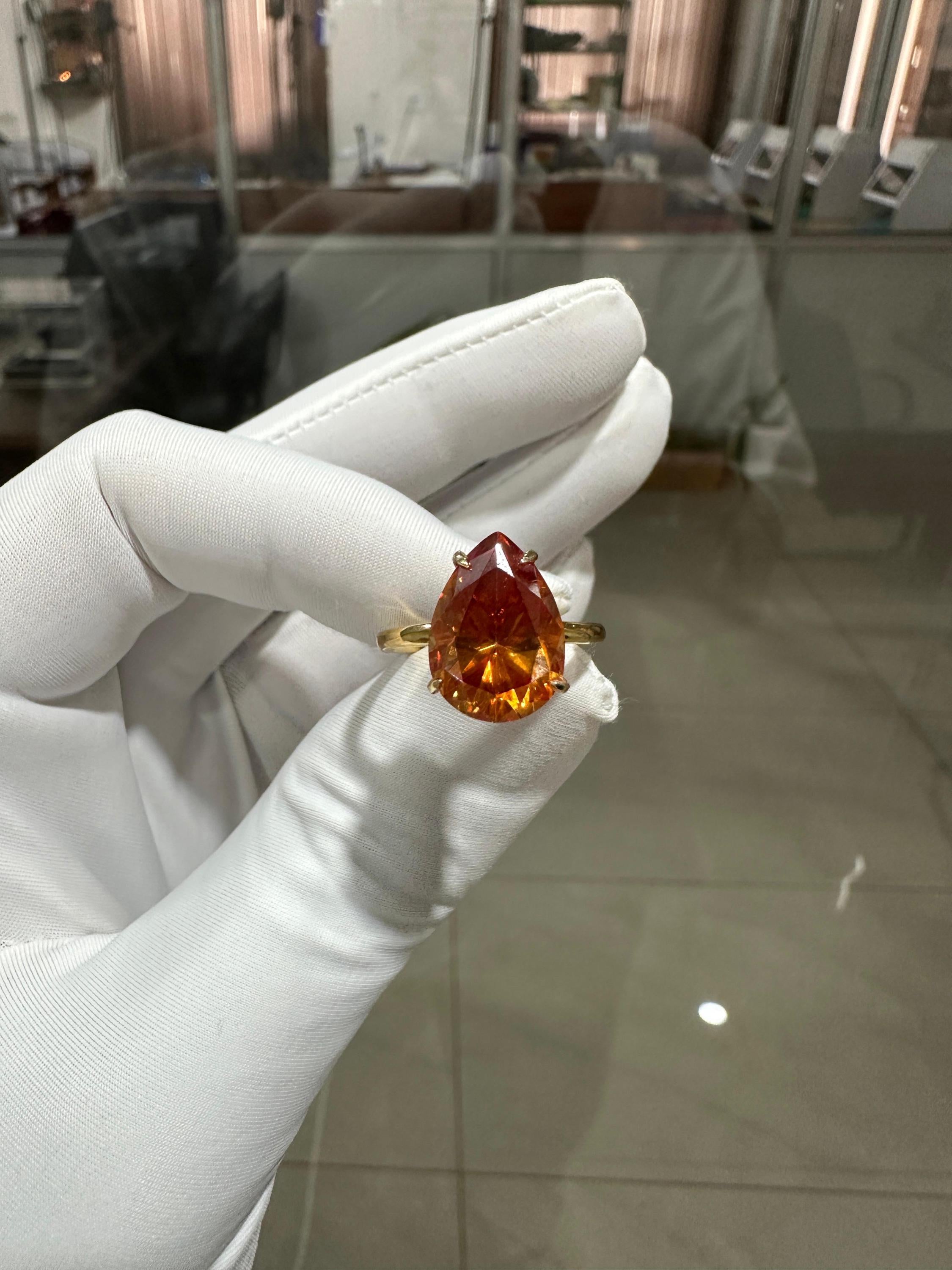 Ceylon Orange Pear Cut Moissanite Ring | 6 Ct Orange Gemstone Ring | 14K Yellow Gold Hidden Halo Ring | Unique Bridal Promise Ring