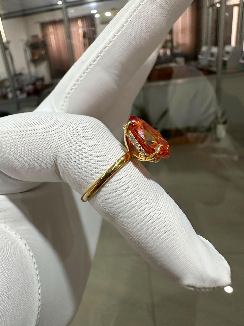 Ceylon Orange Pear Cut Moissanite Ring | 6 Ct Orange Gemstone Ring | 14K Yellow Gold Hidden Halo Ring | Unique Bridal Promise Ring