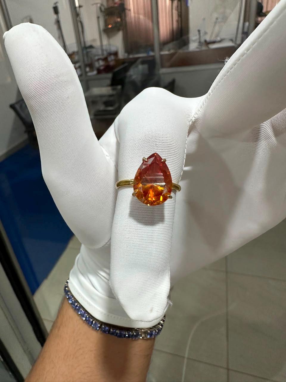 Ceylon Orange Pear Cut Moissanite Ring | 6 Ct Orange Gemstone Ring | 14K Yellow Gold Hidden Halo Ring | Unique Bridal Promise Ring
