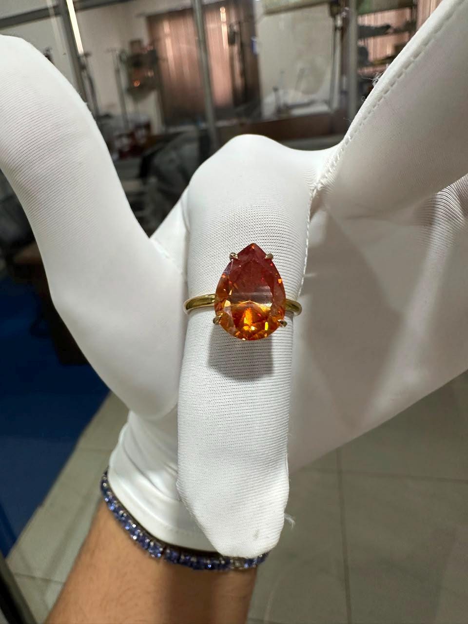 Ceylon Orange Pear Cut Moissanite Ring | 6 Ct Orange Gemstone Ring | 14K Yellow Gold Hidden Halo Ring | Unique Bridal Promise Ring