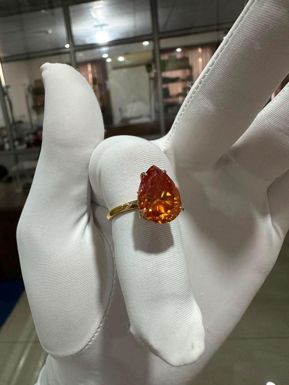 Ceylon Orange Pear Cut Moissanite Ring | 6 Ct Orange Gemstone Ring | 14K Yellow Gold Hidden Halo Ring | Unique Bridal Promise Ring