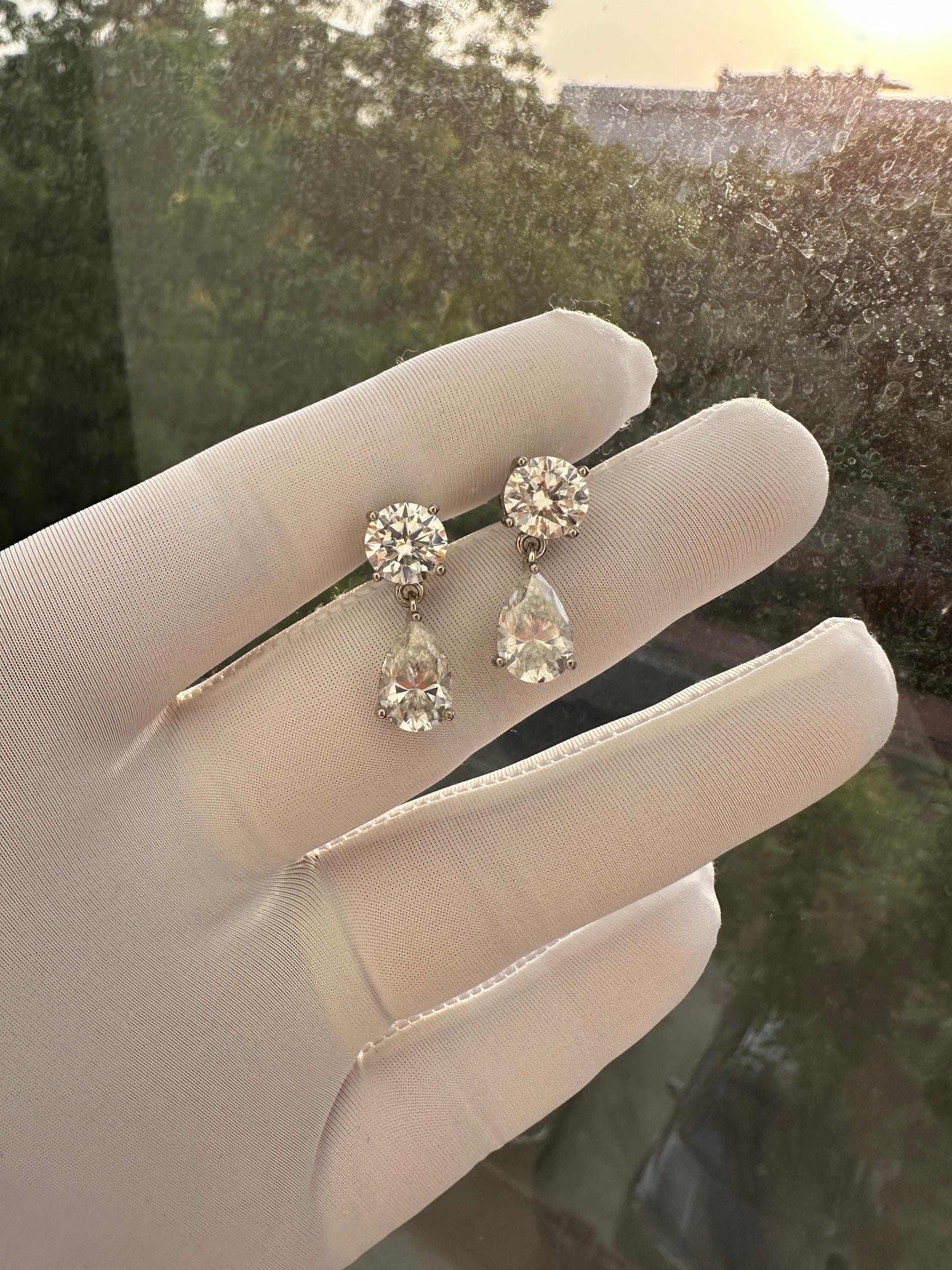 Pear & Round Moissanite Drop Earrings | 14K White Gold Stud Earrings | Christmas Gift for Her